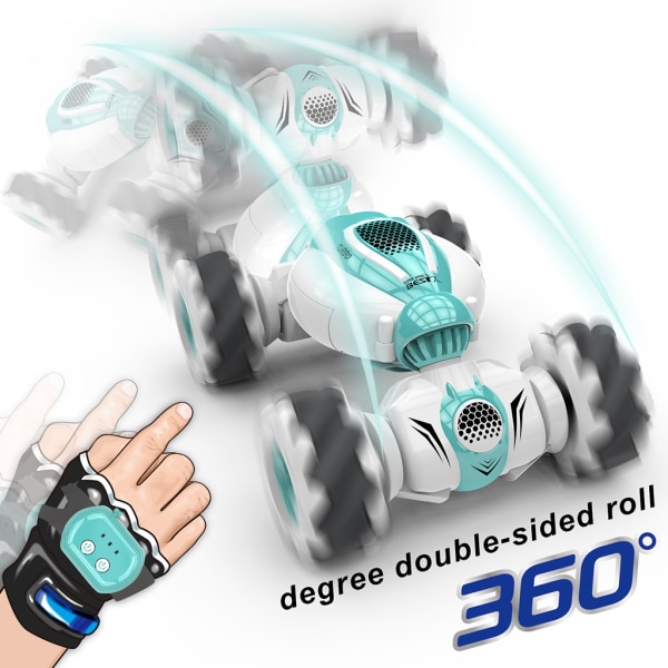 2,4Ghz Fjärrkontroll Bil 4WD- watch Gest Sensing Control RC Stuntbil med LED-ljus Musikeffekt Barnleksak Blue