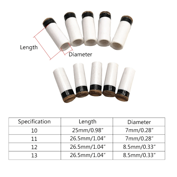 10 stk biljardkøspisser med hvite biljardkøspisser, biljardkøspisser 11mm