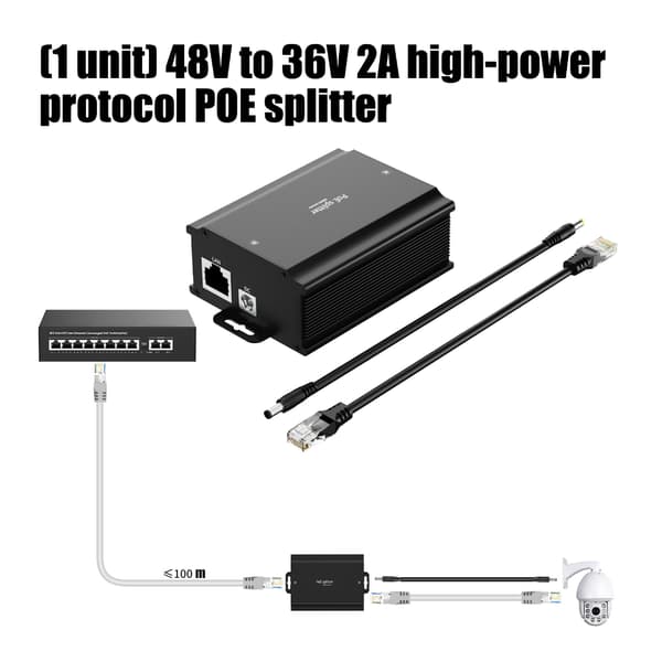 48V til 36V 2A PoE-splitter i metallkapsling, standard for bruk med sikkerhetskameraer