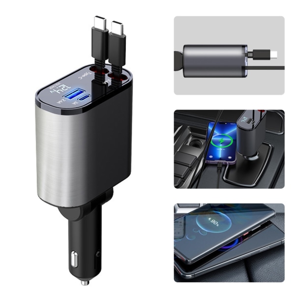 TypeC Universal billaddare 2 USB C-portar Billaddare Adapter Infällbar kabel Effektiv laddning för dina enheter
