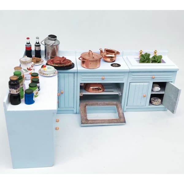 Miniatyr köksskåpsset med spis och diskho för 1:12 dockhus