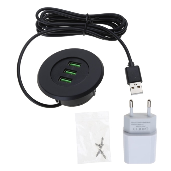 3-Port USB Skrivebordsoplader Desktop Ladestation monteres på 2,0"/50 mm gennemføringshul med adapter og 1,5 m strømkabel
