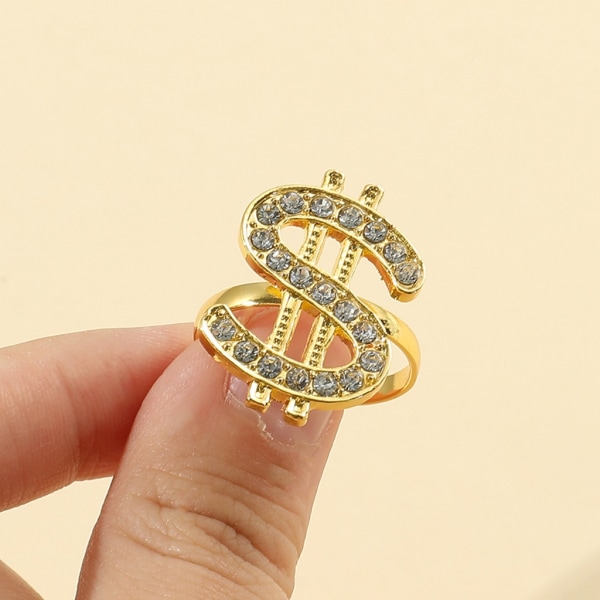 Kristall Dollartecken Ring Pengar Symbol Ring Hip Hop Smycken Rapper Punk Kostym Rekvisita Gyllene Justerbar Öppen Ring