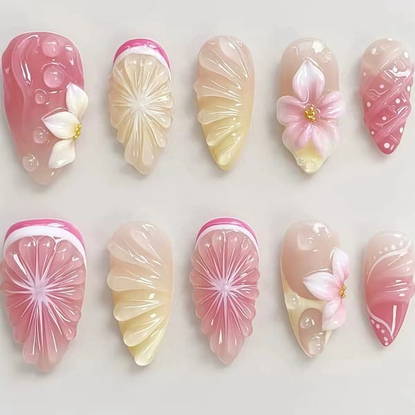 3D Blomster Falsk Manikyr i Rosa Gradient Multi Størrelse Sett Stil