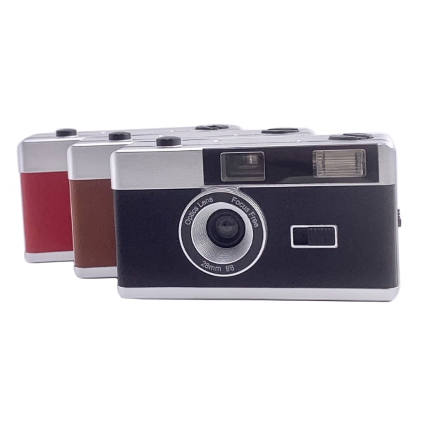 Retro 35 mm peka och skjut filmkamera med blixtfångstminnen i film perfekt för fotografintusiaster Red