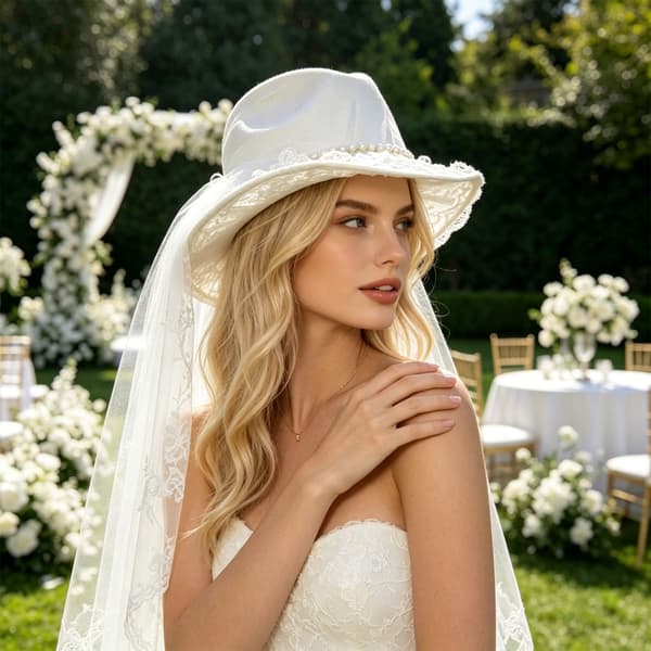 Romantisk Cowboyhatt med Perlebroderi Blomsterslør Fedorahatt til Bryllup