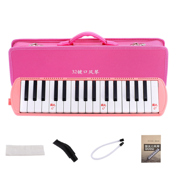 32 Tangenter Melodica Instrument Keyboard Luftklaver med Langt Rør, Korte Mundstykker Pink Hard Pack