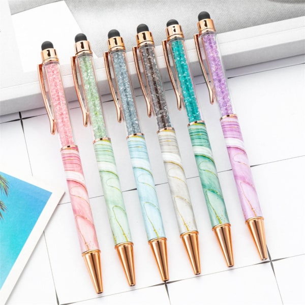 6x berøringsskjermer Stylus Pen 2 i 1 krystall kulepenn Glatt skrivepenn gave Pink