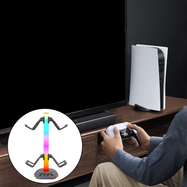 Skrivebordsspillstativ med LED-lys for kontroller- og headsetoppbevaring
