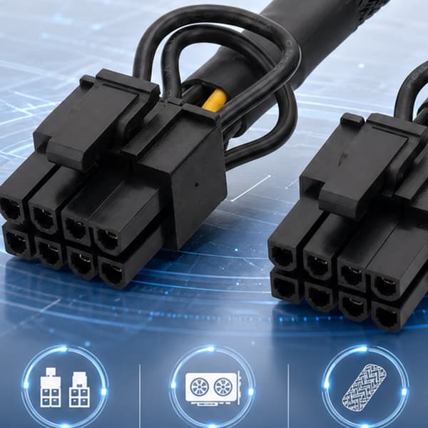 Kort PCIe-strømkabel til GPU og kabelføring i computerkabinet