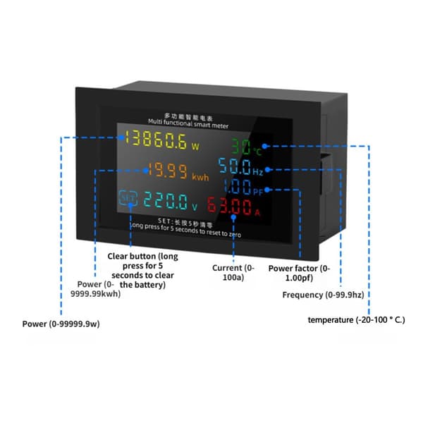 Högprecisions effektmätare Amperemeter Voltmeter AC50V-380V 100A Tydlig Display