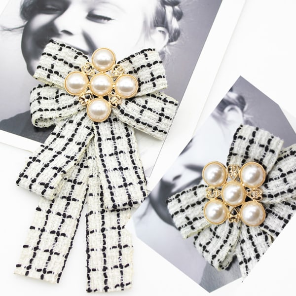 Kvinnor Vintage Elegant Rutigt randigt print Förbunden halsslips Brosch Imitation pärlsmycken Krage Band Fluga Corsage