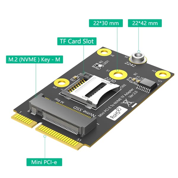 TF-kort och M.2 NVMe SSDs Dubbla Platser Mini PCIE Riser-adapterkort