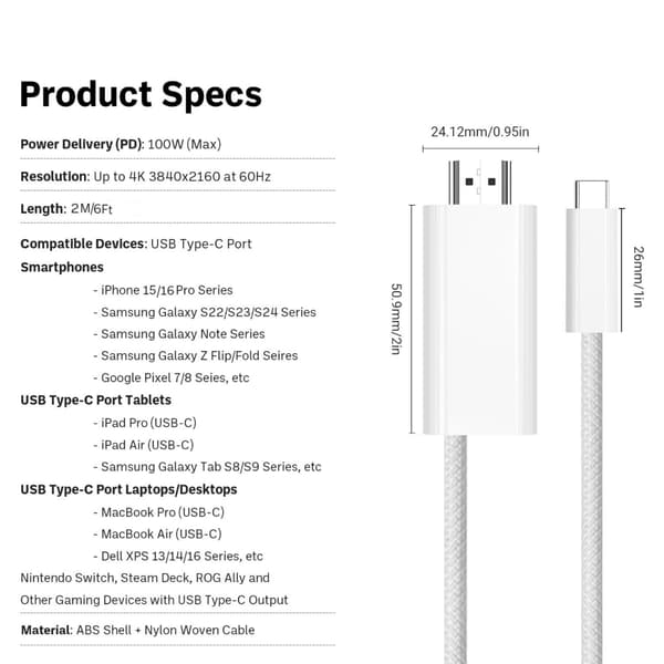 USB C -videokaapeli 4K@60Hz teräväpiirtoinen samannäyttöjohto