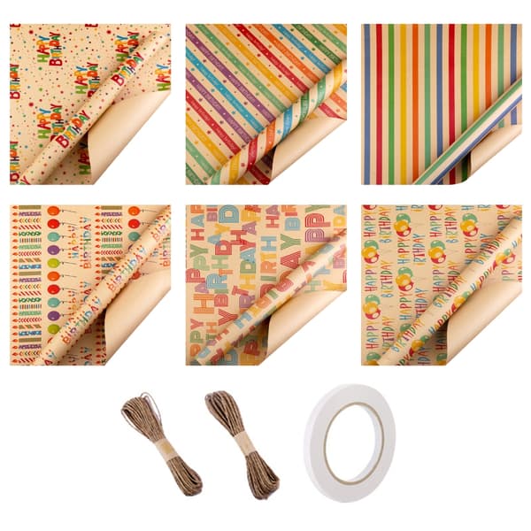 Presentpapper med blandade designer, korttejp och halmsnöre för vän