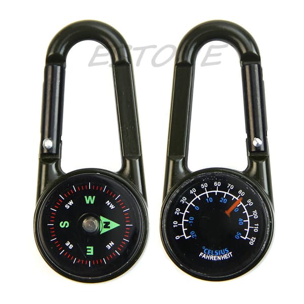Utomhus multifunktionell vandring metall karbinhake mini kompass termometer nyckelring