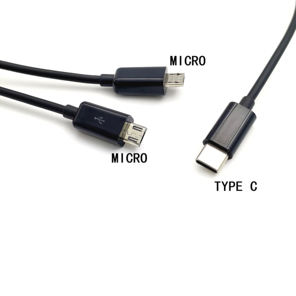 Universal Typ C till dubbel Micro USB -laddarkabel Snabbladdning för flera enheter Multifunktionell power Black