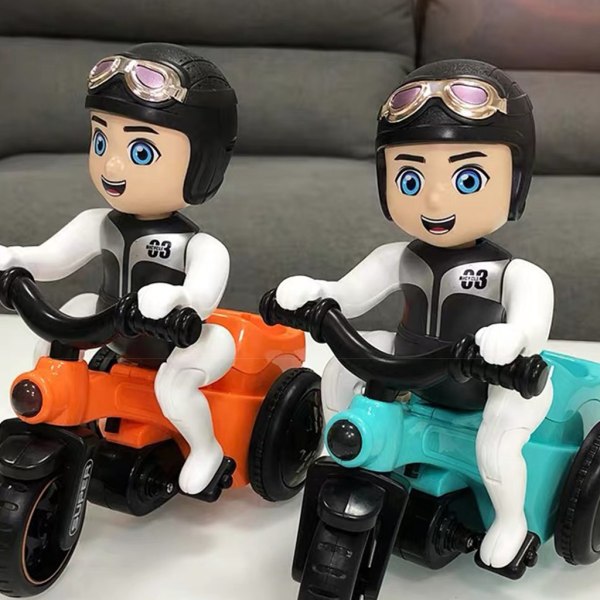 7'' Stuntcykelleksak Elektronisk leksak Trehjuling för barn Interaktiv billeksak för med rundstrålande hjul & musik 360°Ro Blue