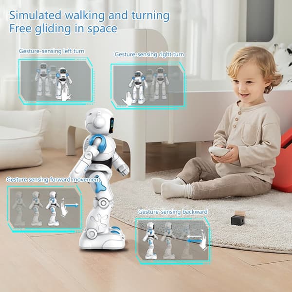 Interaktiv programmerbar robot med bevegelseskontroll og musikkdans for barn