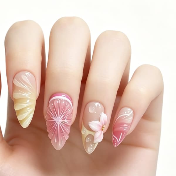 3D Blomster Falsk Manicure i Pink Gradient Multi Størrelse Sæt Stil