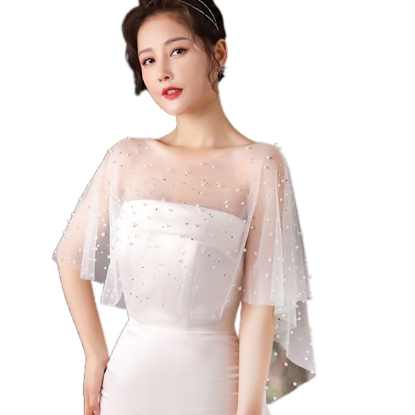 Naisten läpinäkyvä laskostettu häähuivi tekojalokivi Pearl White Capelet Bolero Shrulle