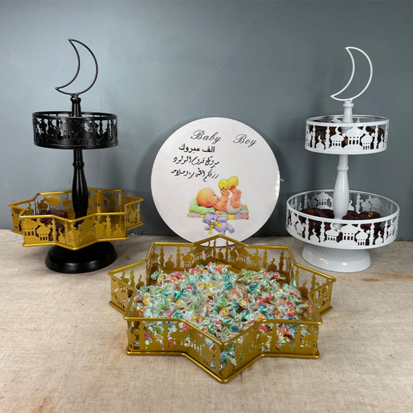 Islam Eid Mubarak Metall Serveringsbricka Dessert Mat Förvaring Behållare Slott Ramadan Aktiviteter Festdekoration Large