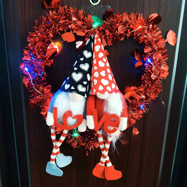 Alla hjärtans dag dekorationer Gnome krans för ytterdörr Vägghängande prydnad med LED-ljus Hjärta Garland Farmhouse Heminredning