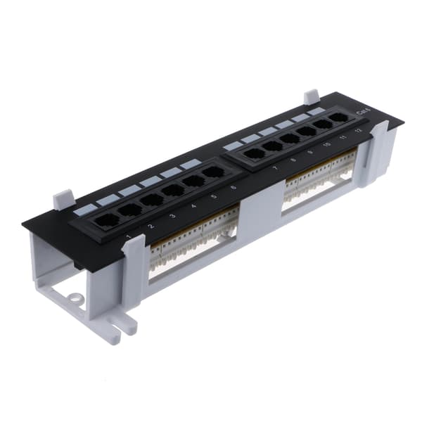 12-porters patchpanel for Cat 6, veggmontering og rackmontering, plassbesparende