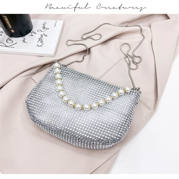 Crossbody väska Evening Bag Party Bankett Väska Strass Pearl Handväska Handväska Silver