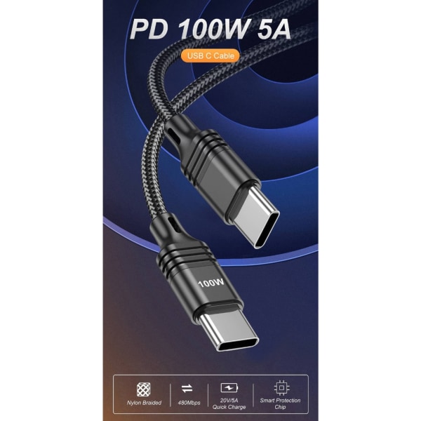 Typ C till Typ C PD 100W-kabel Snabbladdning QC4.0 USB C-datasladd för mobiltelefon bärbara datorer Surfplattor Red 1m