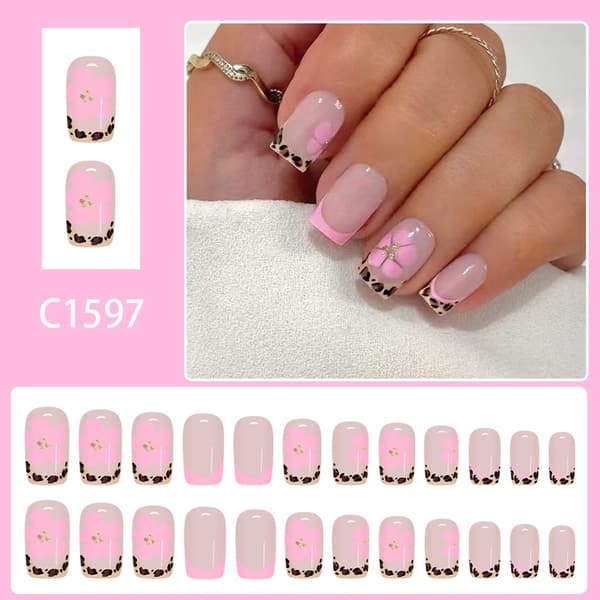 Kunstig negl fransk leopard rosa blomst glitrende negl for vår sommer