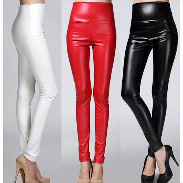 Kvinde Høj Talje Faux Læder Strækbar Pencil Bukser Blanke Matte Leggings Black