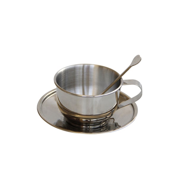 Dobbelt væggede Isoleret Kaffe Kopper Sæt Retro Kaffe Latte Te Kopper med Ske og Underkop til Latte, Mælk, Te, Espresso Silver