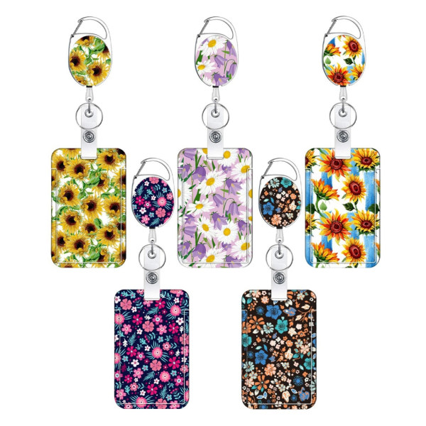 Flower Print Badge Holder Udtrækkelig Reels Clip og Lanyard Sæt til Student null - A