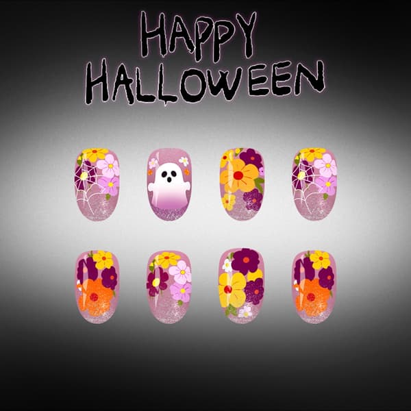 Lilla gradientfarve Halloween-press-on-negle med dyrenetkunstdesign