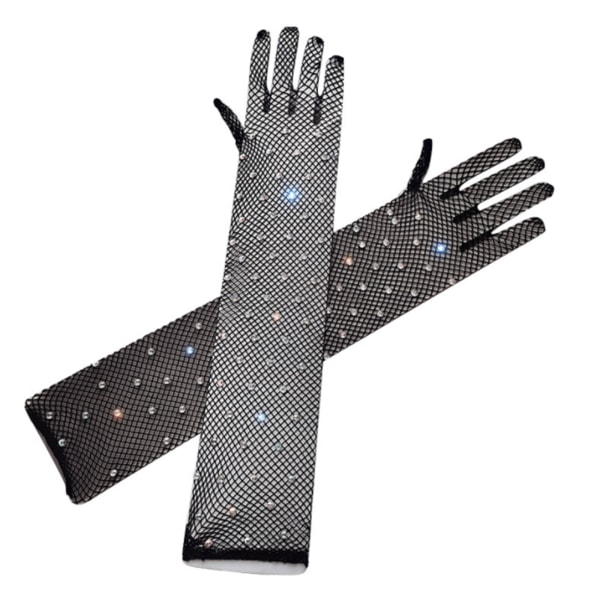 Netthansker for kvinner med for Rhinestone Fish Net Mesh Arm Langermet Sparkly G