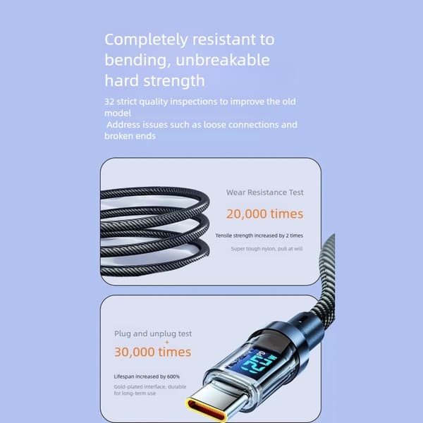 LED Digital Display 120W Type C til Type C Kabel 120W Hurtig Opladning