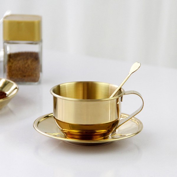 Dobbelt væggede Isoleret Kaffe Kopper Sæt Retro Kaffe Latte Te Kopper med Ske og Underkop til Latte, Mælk, Te, Espresso Silver