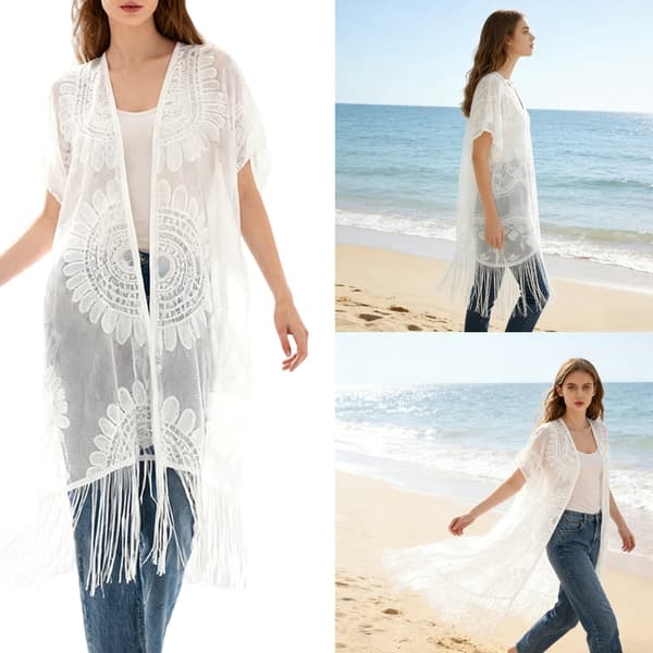 Lång fransad öppen strandkimono för kvinnor, solbad och simning