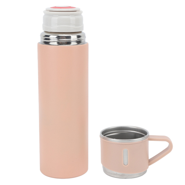 Isolerad reseglas i rostfritt stål - 500 ml, rosa, med handtag och flerfunktionslock