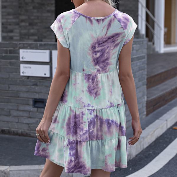 Lilla Tie Dye Gradient Kjole - Elegant Casual Kortærmet til Kvinder