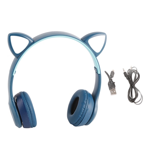 Trådløst Headset Sød Kat Form HiFi Lydkvalitet Lysende Stereo Bluetooth Hovedtelefoner til Hjem Skole Kontor Mørkeblå
