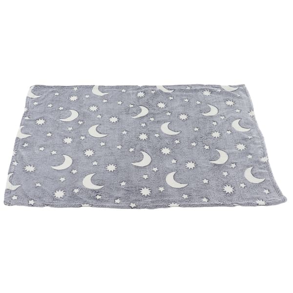 1.5x2m Selvlysende Teppe Dobbeltsidig Flanell Stjerne Måne Design Myk Glød i Mørket Teppe for Barn Grå