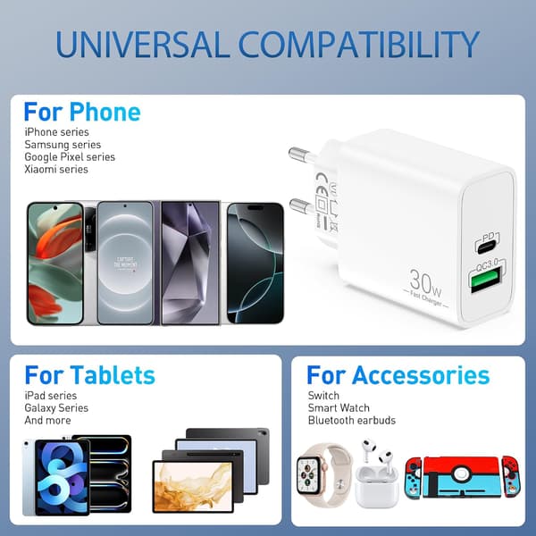 30W USB C-oplader Hurtigoplader til iPhone 17/16/15 Pro Max Plus, iPad, Samsung Galaxy S25/S24/S23, Google Pixel 10/9/8/7 2 m[SZ] 2