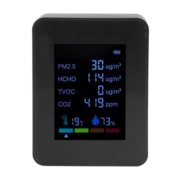 Multifunktionel 6 i 1 CO2-måler Luftkvalitetsmonitor Temperatur PM2.5 TVOC HCHO Detektor USB-opladning Sort