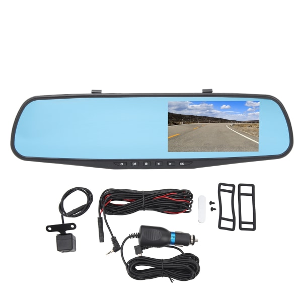 Smart ryggspeilkamera - Dual Lens 1080P HD Speil Dash Cam, 4,3 tommers antirefleks, parkeringsskjerm, 64G minnekort