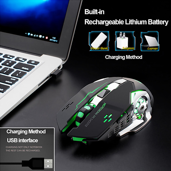 Uppladdningsbar X8 Trådlös Spelmus Tyst LED Bakgrundsbelyst USB 1800DPI Optisk Ergonomisk Gamingmus