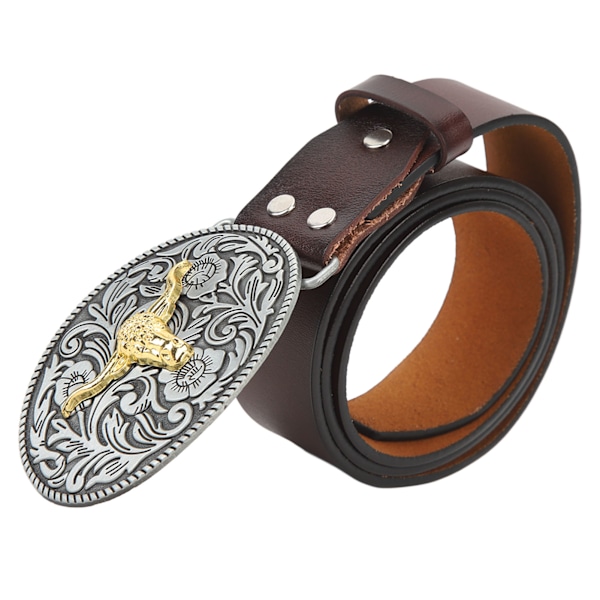Vintage Retro Læder Western Cowboy Bælte til Mænd med Tyre-Mønstret Spænde - Brun 115cm