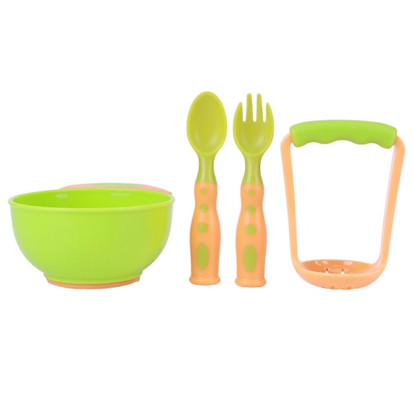 4pcs Baby Food Masher Mash Serve Freshfood Bowl Infant Feeding Suction Bowl Spoons SetOrange and Green