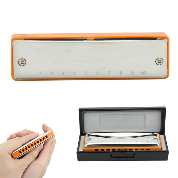 Blues Harmonica 10&#8209;hul Mundorgan C nøgle i rustfrit stål Små søde bærbare gaver (orange)